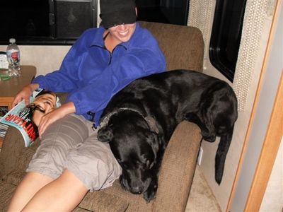 Stoney in chair with Wendy